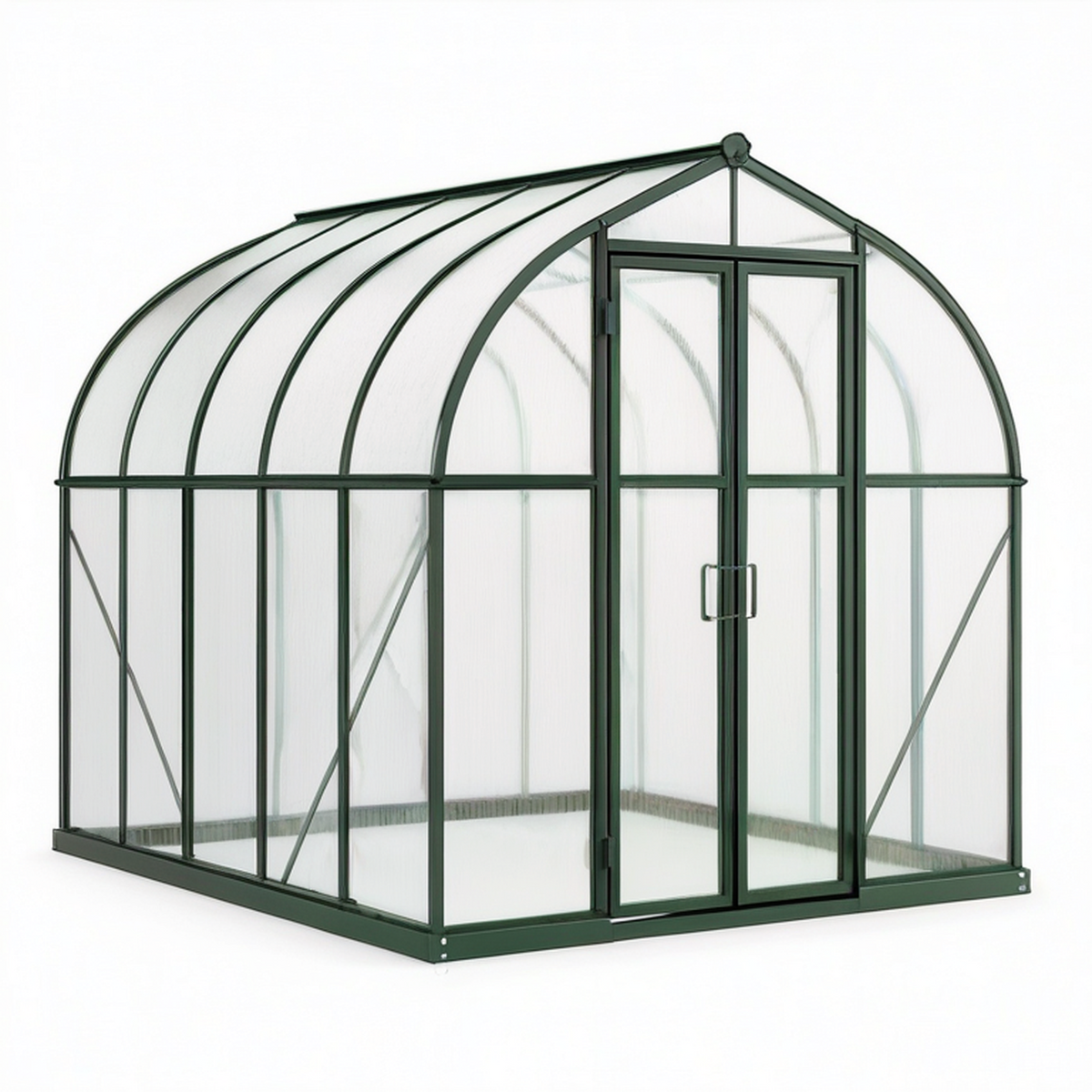 Serre de jardin en aluminium vert foncé et polycarbonate transparent, 250 × 190 × 215 cm, double porte