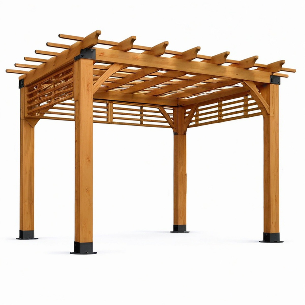 Pergola de jardin rustique en bois brun et métal noir avec treillis, 366 × 305 × 244 cm
