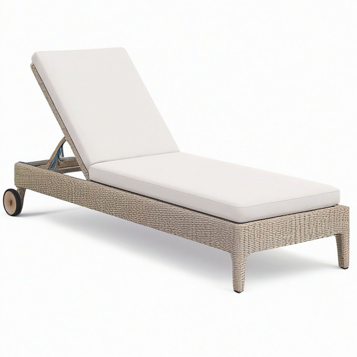 Bain de soleil taupe et blanc cassé en résine tressée avec dossier réglable et roulettes, 200 × 70 × 95 cm