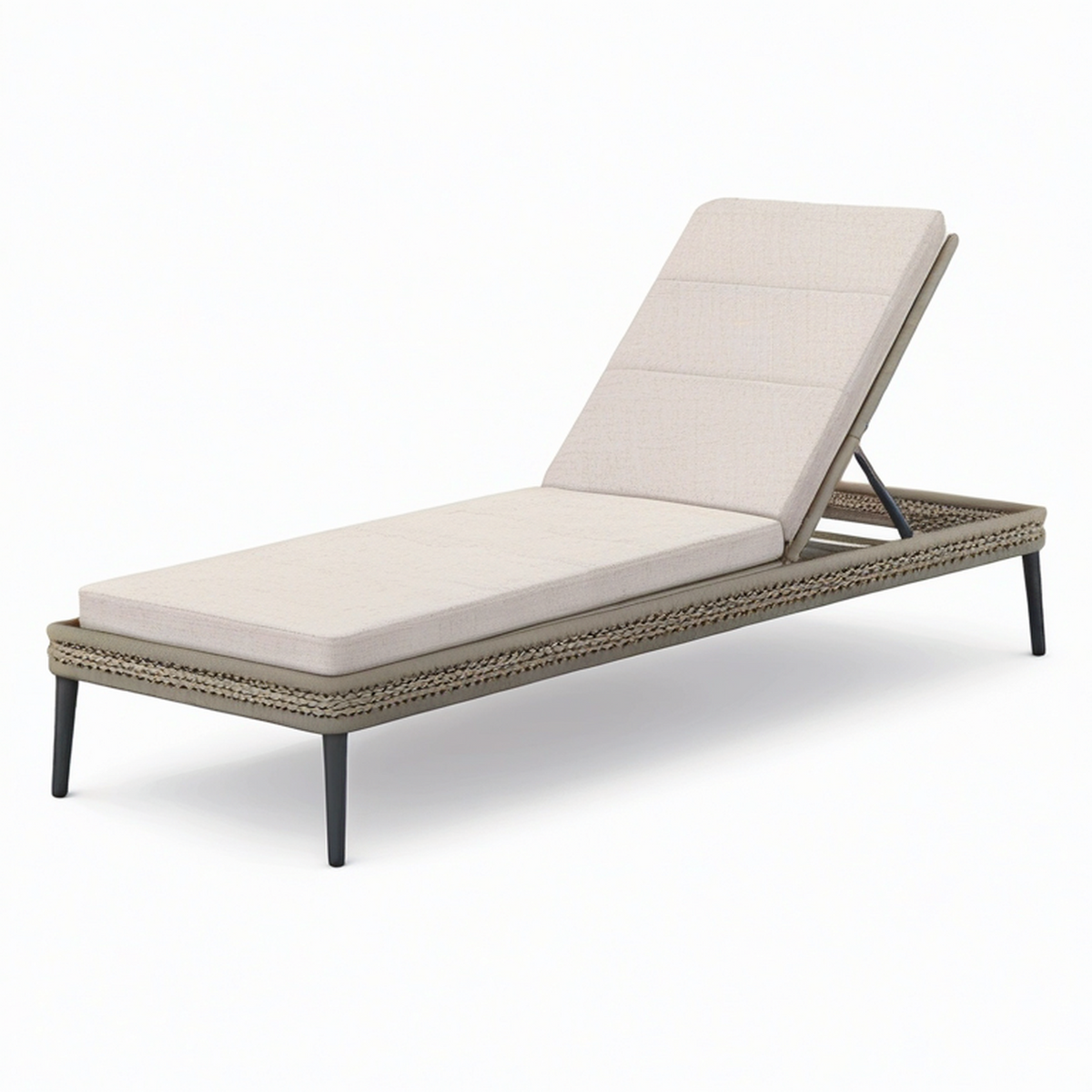 Bain de soleil à dossier réglable 200 x 70 x 95 cm en résine tressée taupe avec matelas beige
