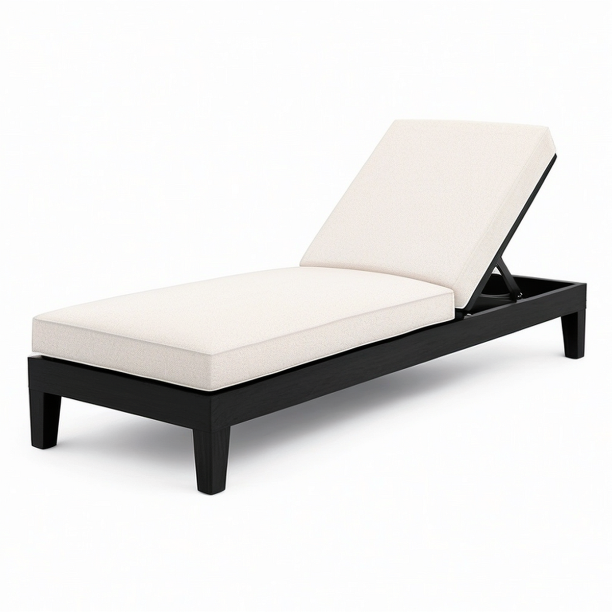 Chaise longue à dossier réglable, structure en bois noir et tissu écru, 200 × 75 × 90 cm