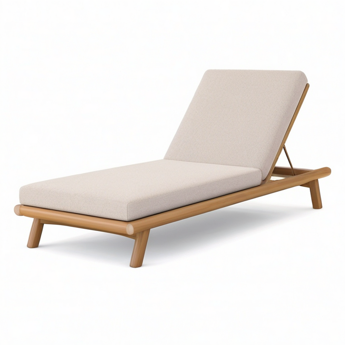Bain de soleil à dossier inclinable en bois marron clair et tissu beige, 200 × 75 × 82 cm