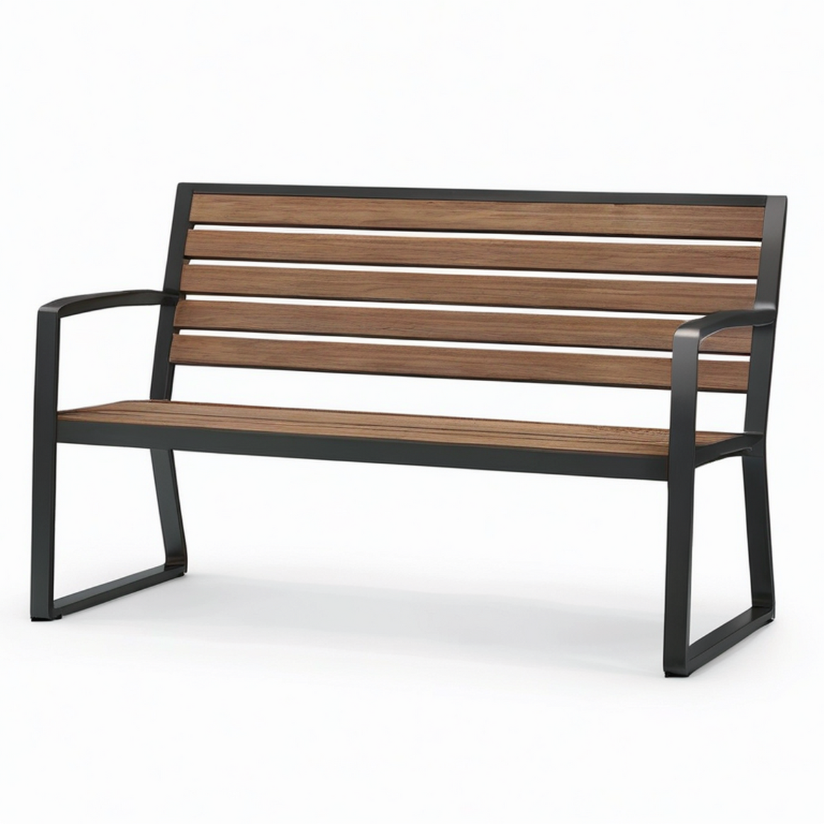 Banc de jardin 2 places en bois marron et métal noir avec accoudoirs, 120 × 60 × 85 cm