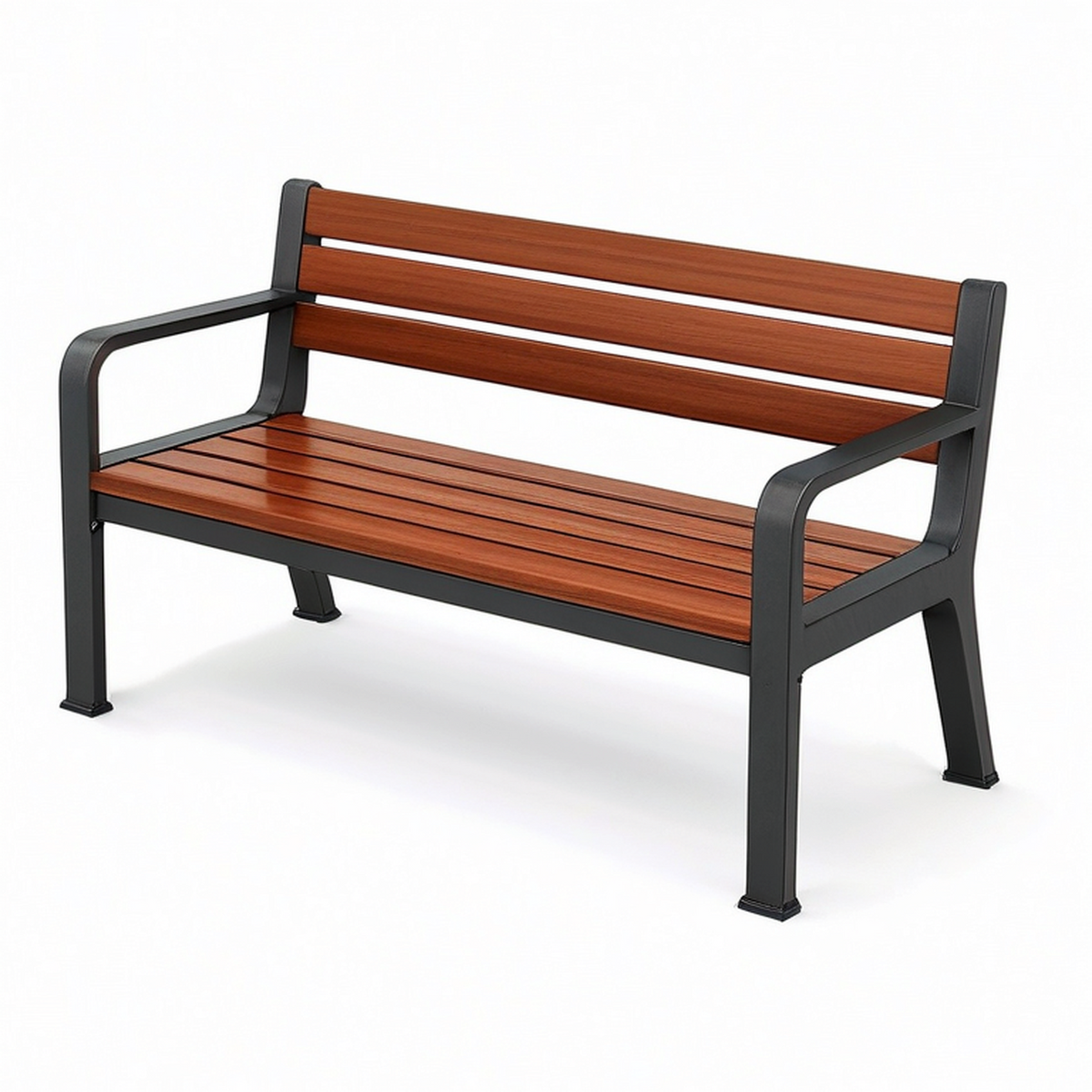 Banc de jardin en bois brun et métal noir avec dossier et accoudoirs, 125 × 60 × 80 cm