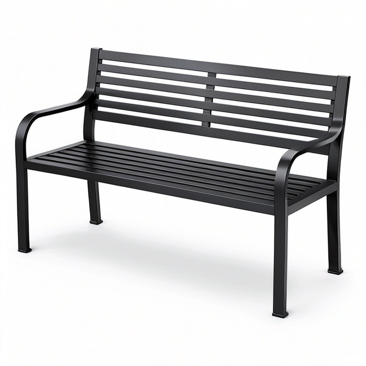 Banc de jardin en métal noir à deux places, 127 × 60 × 85 cm, dossier ajouré et accoudoirs incurvés