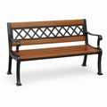 Banc de jardin 2 places en bois brun et métal noir avec dossier ajouré et accoudoirs, 127 × 60 × 82 cm