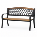 Banc de jardin en métal noir et bois brun avec dossier ajouré et accoudoirs, 127 × 60 × 85 cm