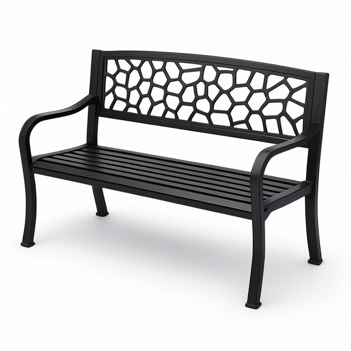 Banc de jardin 2 places en métal noir, 120 × 60 × 85 cm, dossier ajouré et accoudoirs