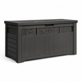 Coffre de rangement extérieur en résine anthracite effet bois et rotin, 132 × 70 × 64 cm, avec couvercle relevable