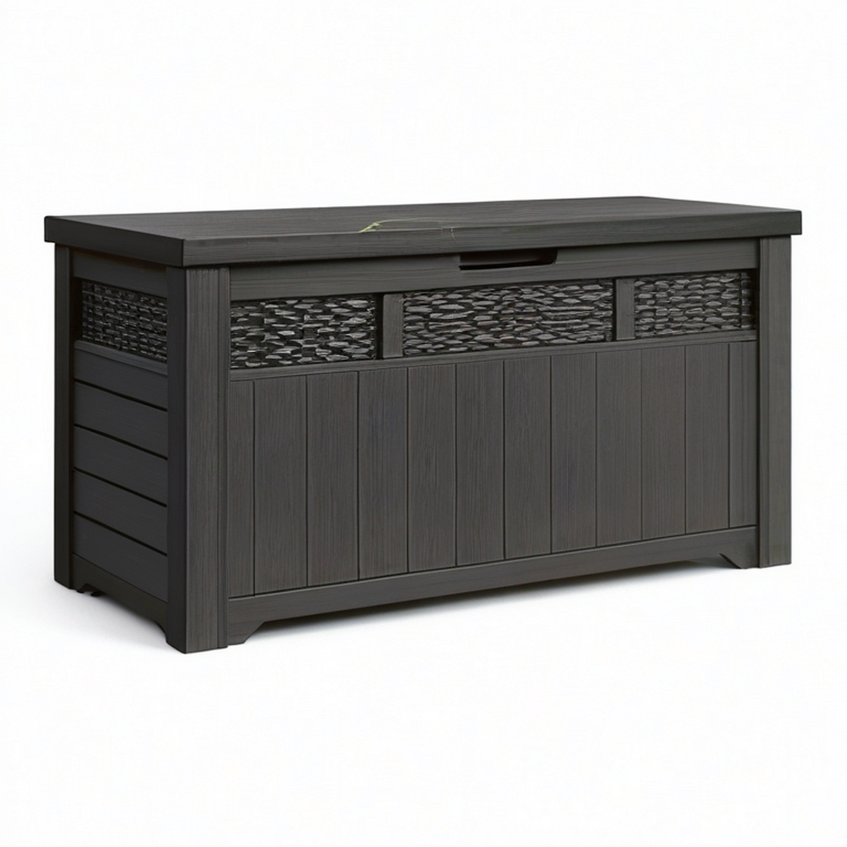 Coffre de rangement extérieur en résine anthracite effet bois et rotin, 132 × 70 × 64 cm, avec couvercle relevable
