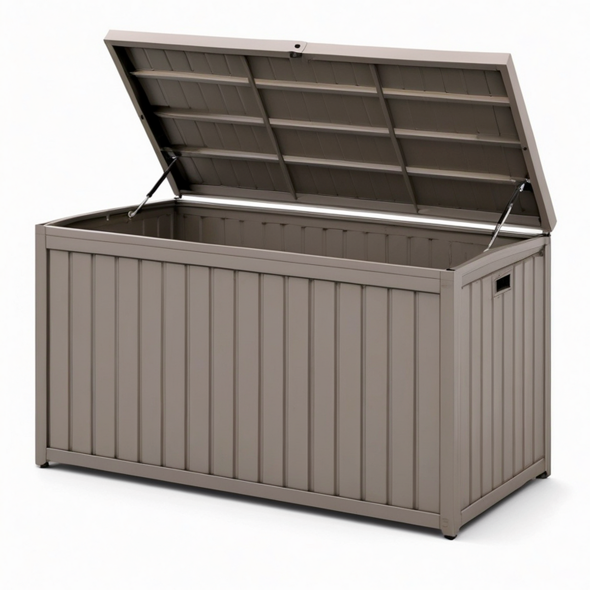 Coffre de rangement extérieur en acier taupe avec couvercle relevable, 150 × 80 × 85 cm