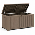 Coffre de rangement extérieur en résine marron effet rotin, 120 × 55 × 60 cm, couvercle relevable