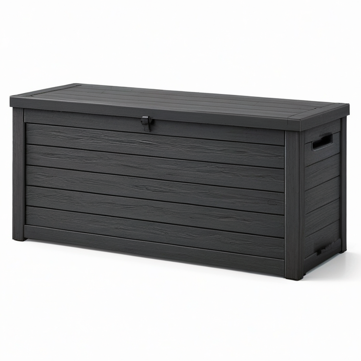 Coffre de rangement extérieur noir effet bois en résine, 120 × 55 × 60 cm, couvercle verrouillable