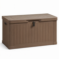 Coffre de rangement extérieur en résine marron effet bois avec couvercle cadenassable, 120 × 56 × 63 cm