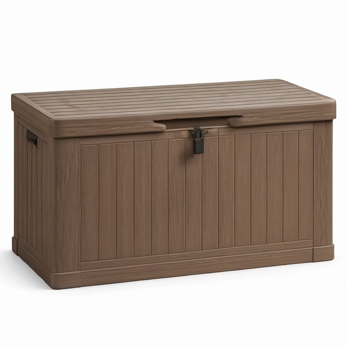 Coffre de rangement extérieur en résine marron effet bois avec couvercle cadenassable, 120 × 56 × 63 cm