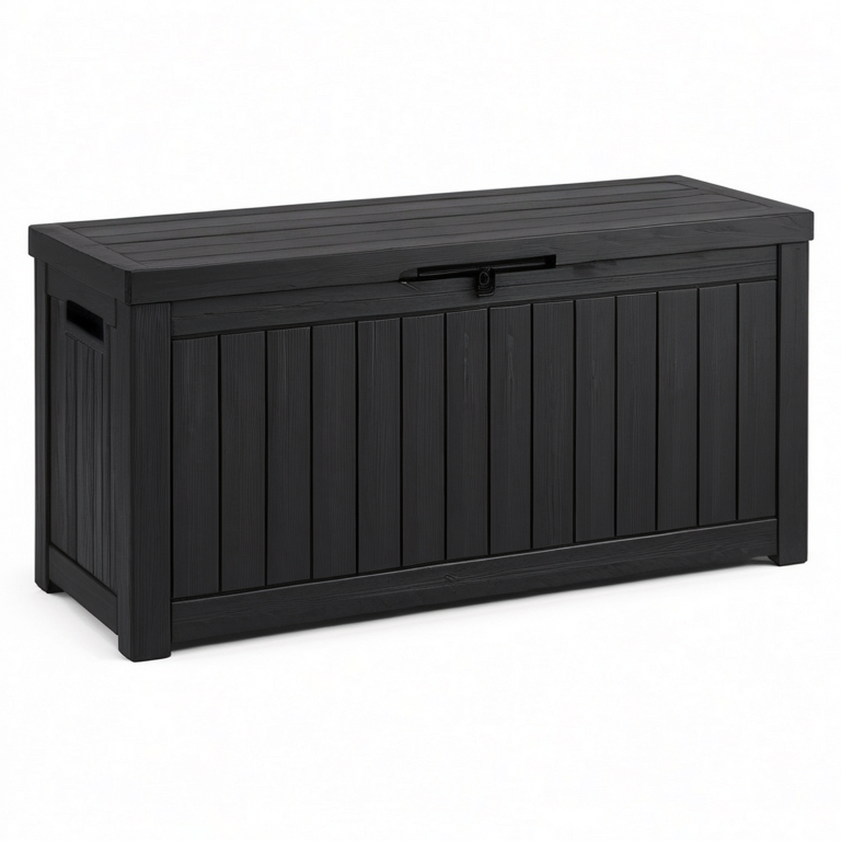 Coffre de rangement extérieur en résine noire effet bois avec couvercle verrouillable, 120 × 54 × 57 cm