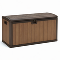 Coffre de rangement extérieur en résine effet bois marron et brun foncé, 120 × 57 × 63 cm, couvercle verrouillable