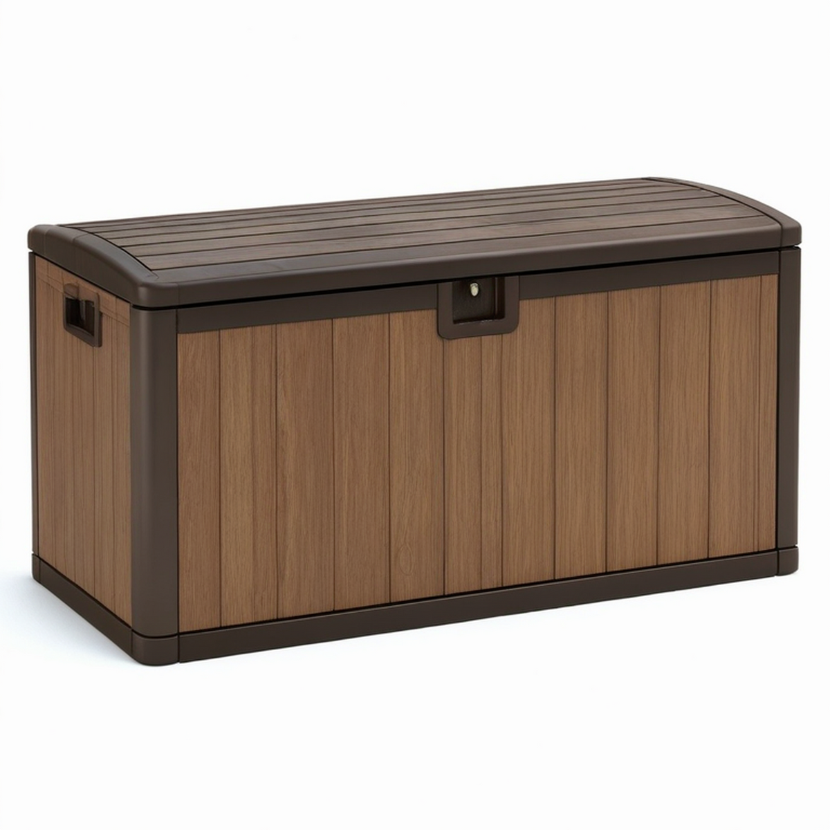 Coffre de rangement extérieur en résine effet bois marron et brun foncé, 120 × 57 × 63 cm, couvercle verrouillable