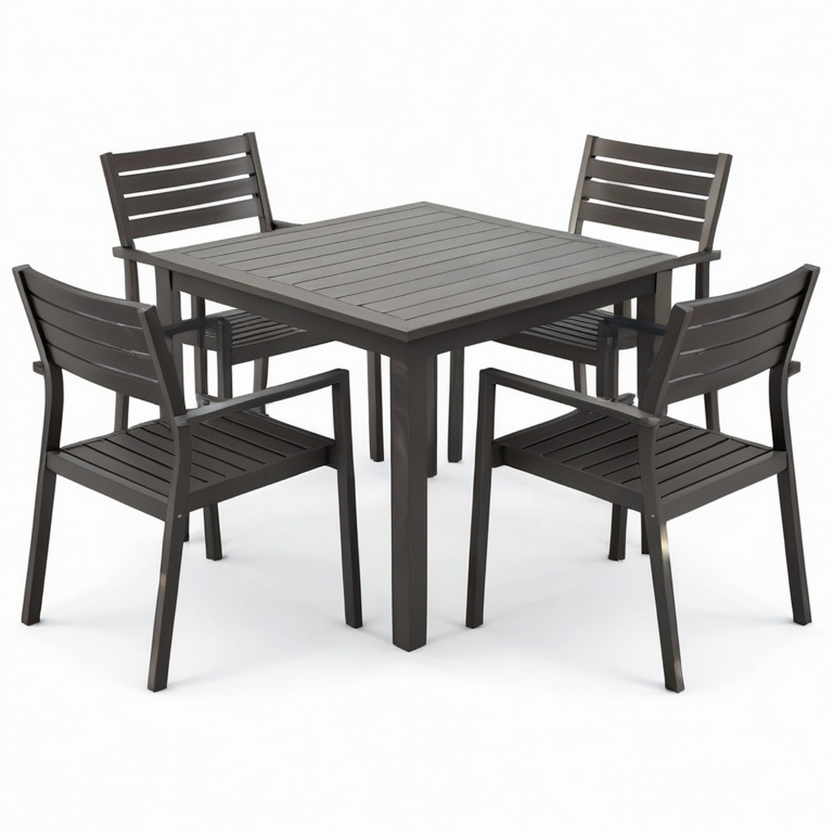 Ensemble de jardin 5 pièces en aluminium brun foncé avec table de 90 × 90 × 74 cm et 4 fauteuils de 58 × 57 × 87 cm