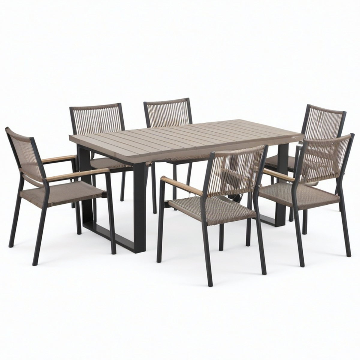 Ensemble repas de jardin 7 pièces taupe et anthracite avec table 150 × 90 × 75 cm et 6 fauteuils 57 × 61 × 88 cm