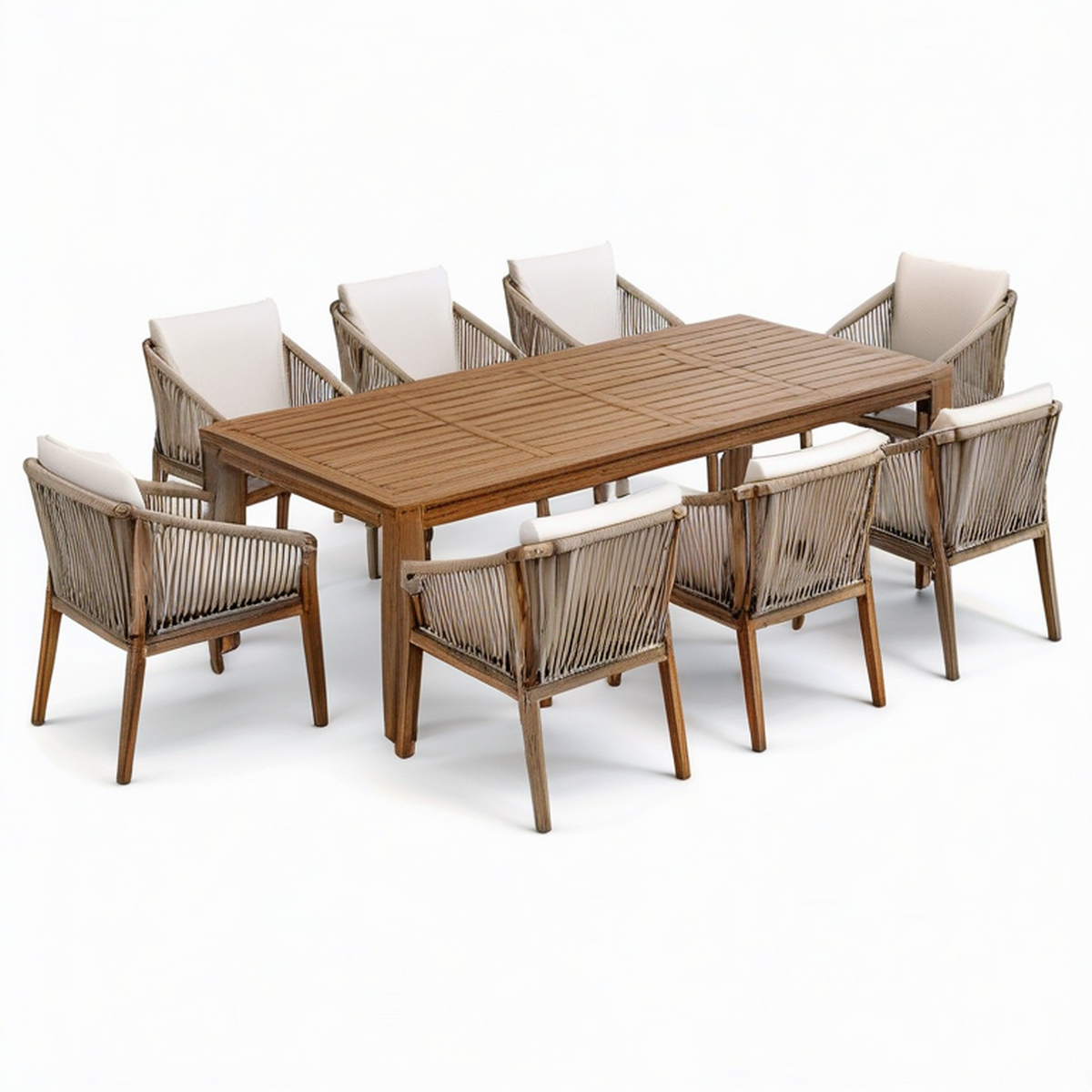 Ensemble repas de jardin 9 pièces pour 8 personnes, table 220 × 100 × 75 cm et 8 fauteuils 60 × 62 × 84 cm, brun, beige et blanc cassé
