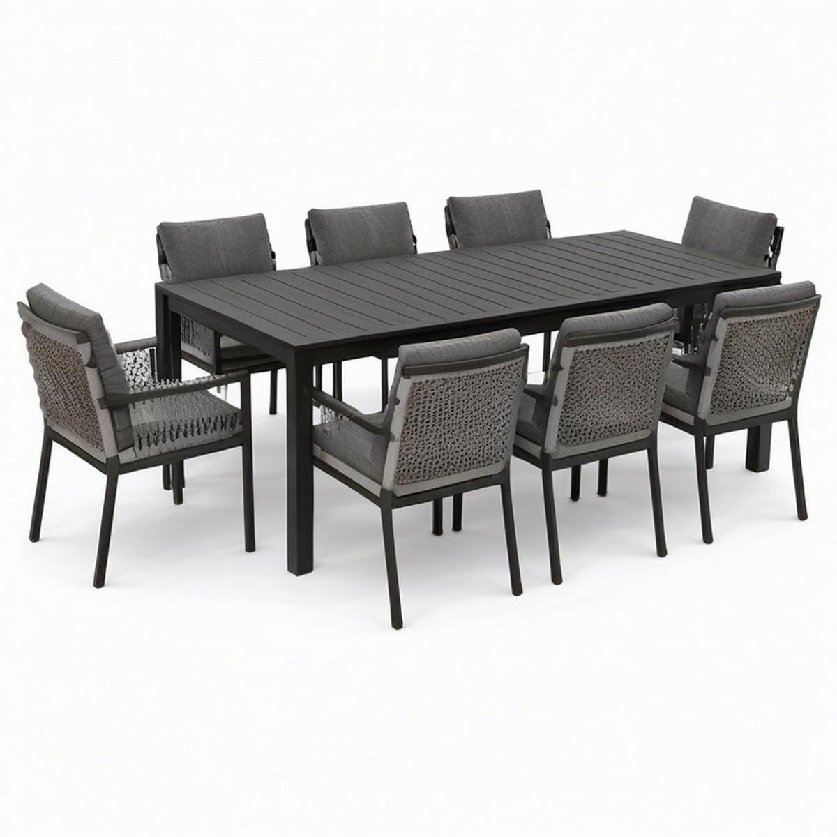 Ensemble repas de jardin 9 pièces anthracite et gris, table 220 × 100 × 75 cm et 8 fauteuils 61 × 62 × 88 cm