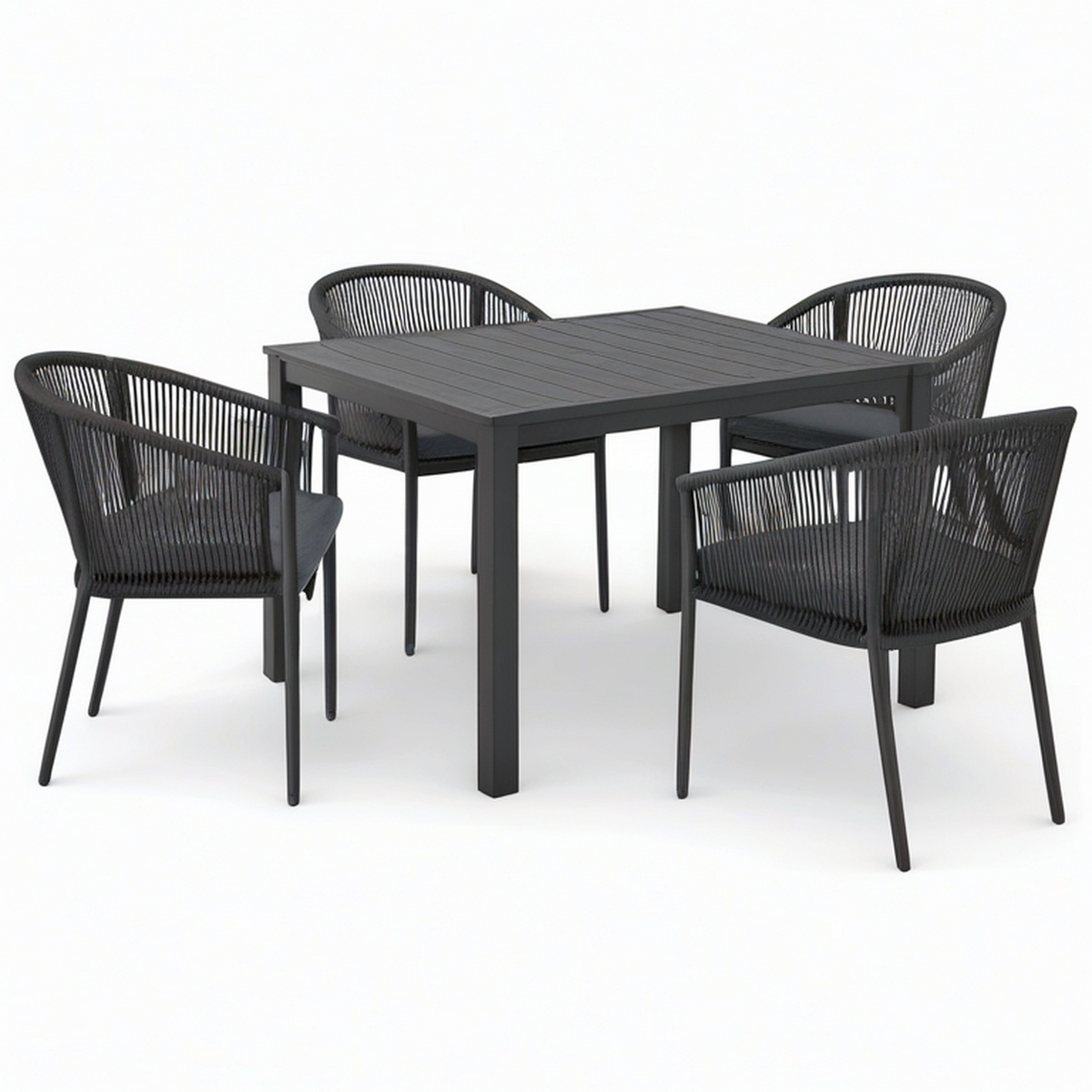 Table carrée noire 90 × 90 × 75 cm avec 4 fauteuils noirs et gris foncé 58 × 60 × 78 cm