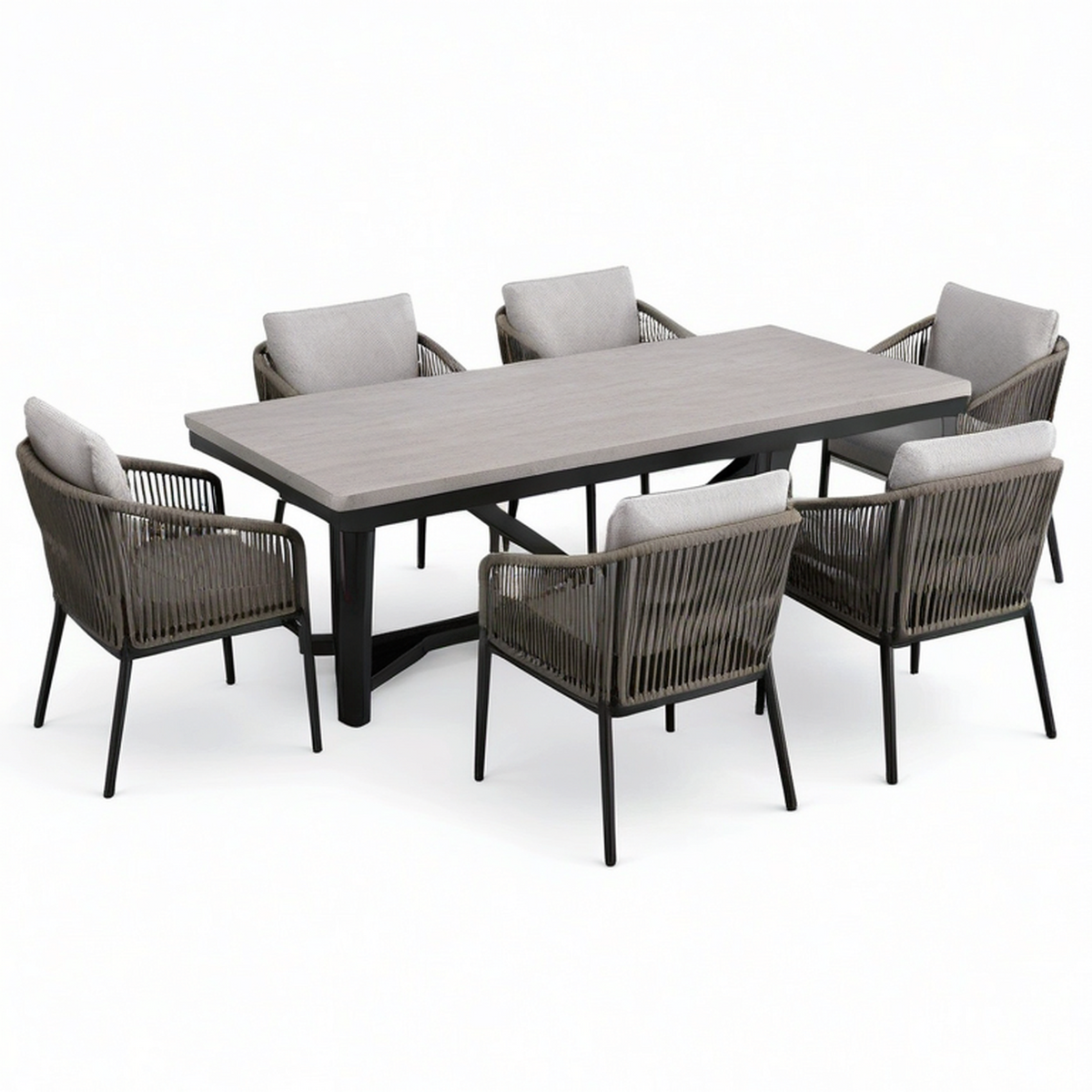 Ensemble repas de jardin 7 pièces gris, brun et noir, table 200 × 100 × 75 cm et 6 fauteuils 60 × 62 × 81 cm