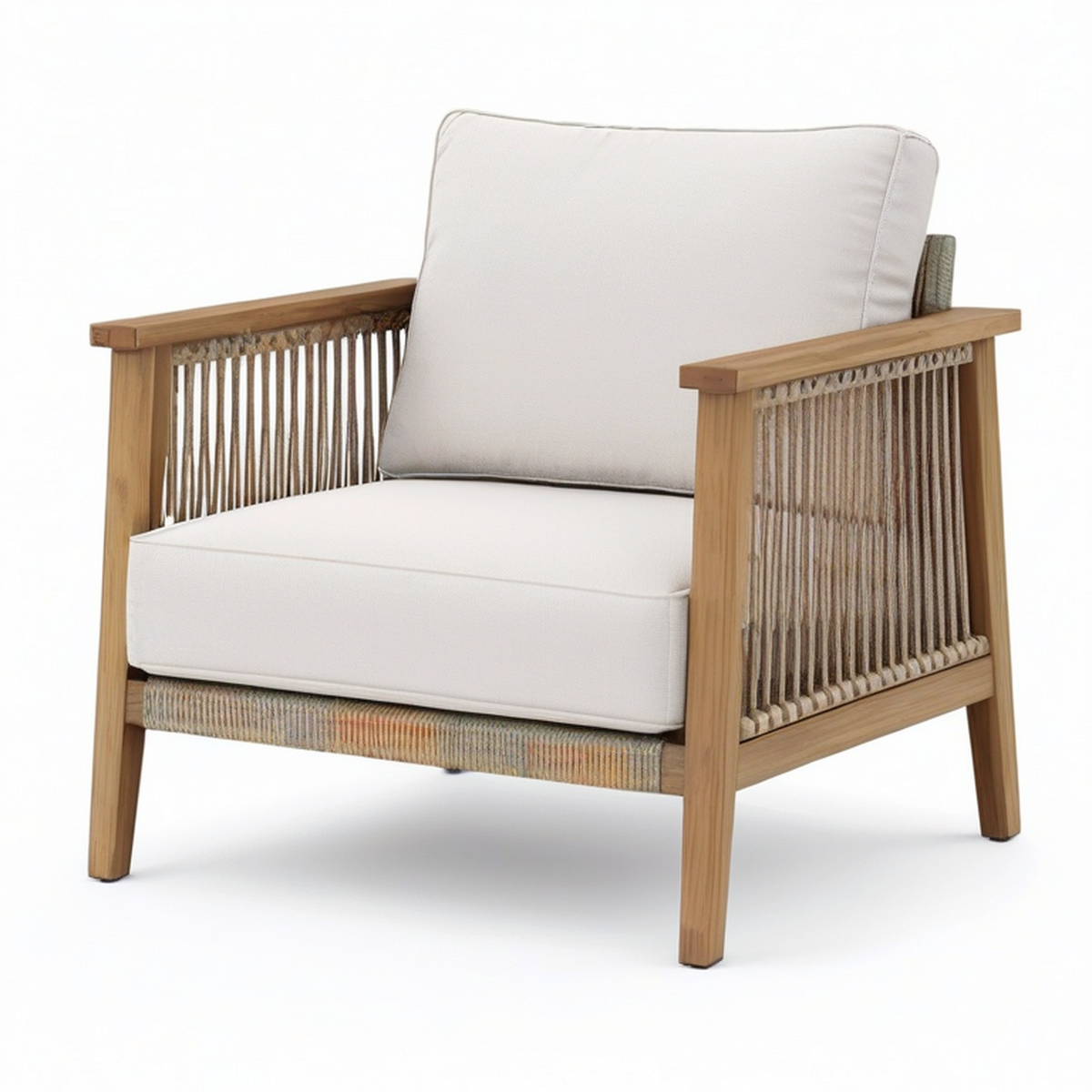 Fauteuil de jardin en bois naturel, corde beige et tissu écru, 77 × 80 × 82 cm