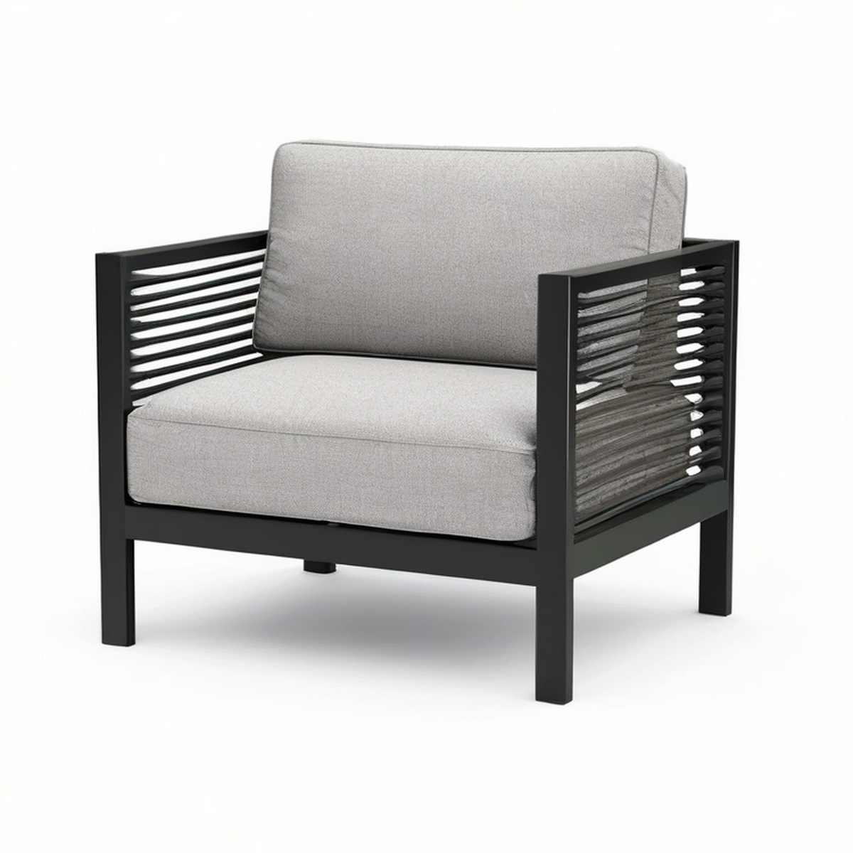 Fauteuil de jardin contemporain en métal noir et corde grise, 76 × 80 × 78 cm