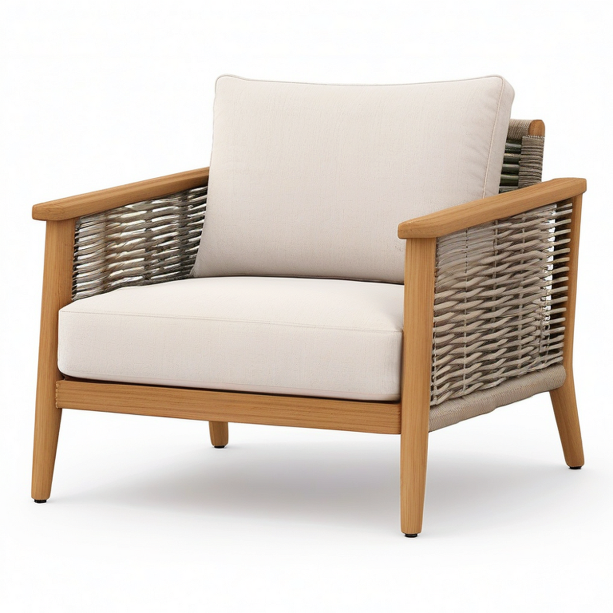 Fauteuil de jardin contemporain en bois et corde tressée, beige, taupe et marron clair, 78 × 82 × 84 cm