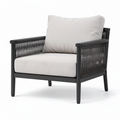 Fauteuil de jardin contemporain en métal noir et corde tressée avec coussins gris clair, 82 x 76 x 84 cm
