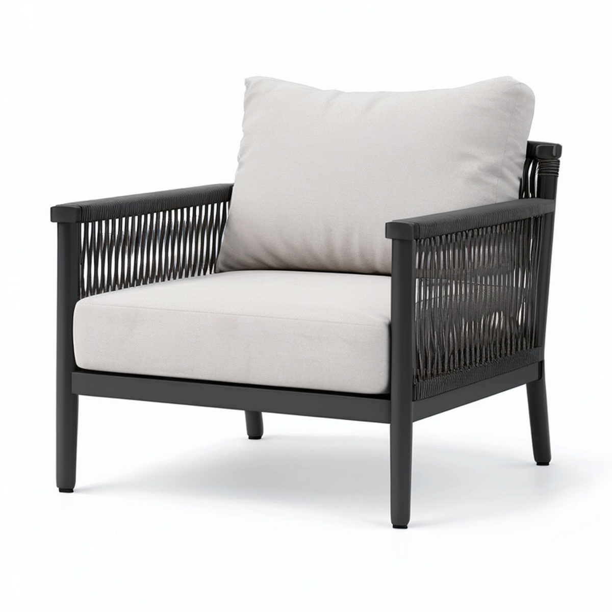 Fauteuil de jardin contemporain en métal noir et corde tressée avec coussins gris clair, 82 x 76 x 84 cm