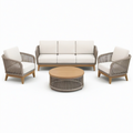 Salon de jardin 4 pièces avec canapé 195 × 82 × 82 cm, 2 fauteuils 78 × 82 × 80 cm et table Ø 90 × 43 cm, beige, grège et bois naturel
