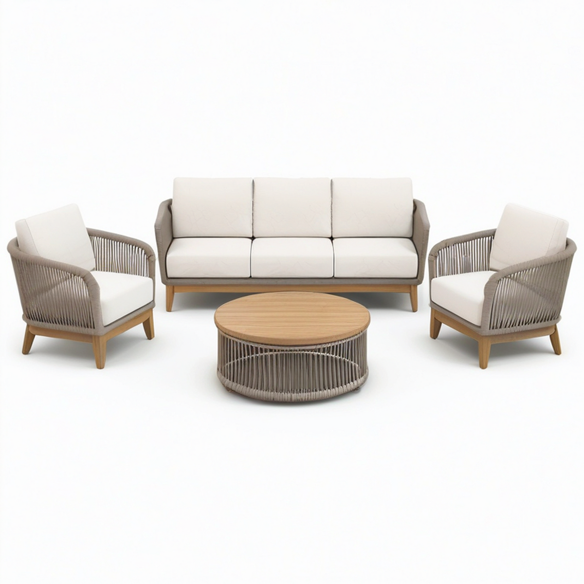Salon de jardin 4 pièces avec canapé 195 × 82 × 82 cm, 2 fauteuils 78 × 82 × 80 cm et table Ø 90 × 43 cm, beige, grège et bois naturel
