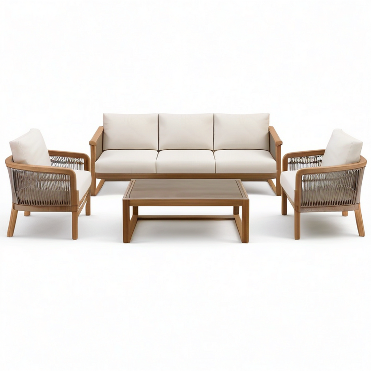 Salon de jardin 4 pièces brun, taupe et écru – canapé 200 × 80 × 78 cm, fauteuils 75 × 78 × 78 cm et table 110 × 60 × 40 cm