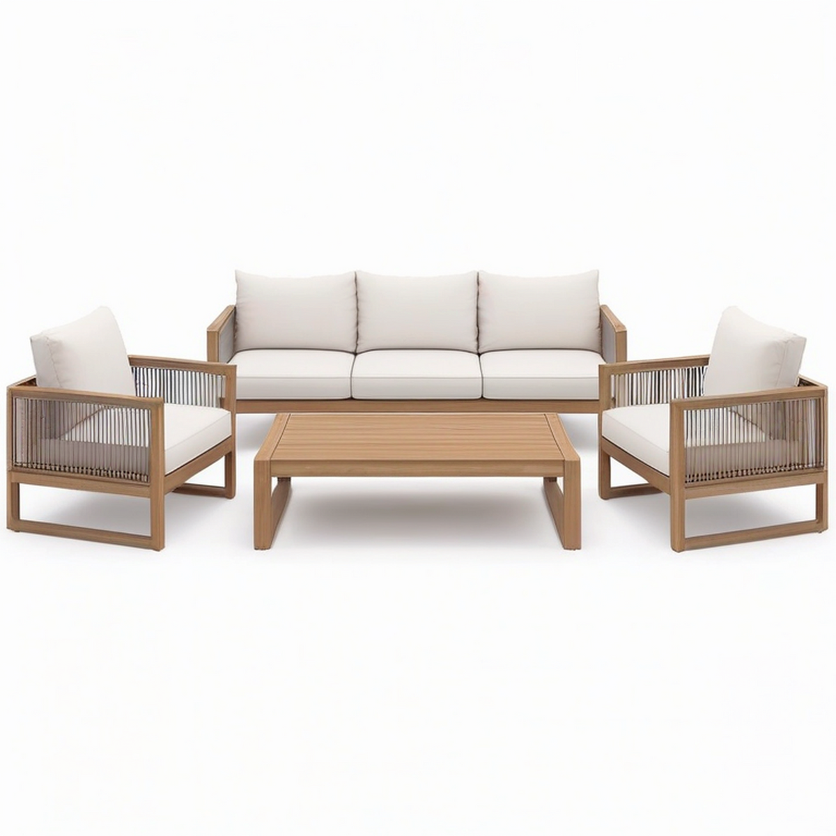 Salon de jardin 4 pièces beige, marron clair et gris taupe avec canapé 200 × 82 × 80 cm, fauteuils 82 × 82 × 80 cm et table 120 × 65 × 38 cm