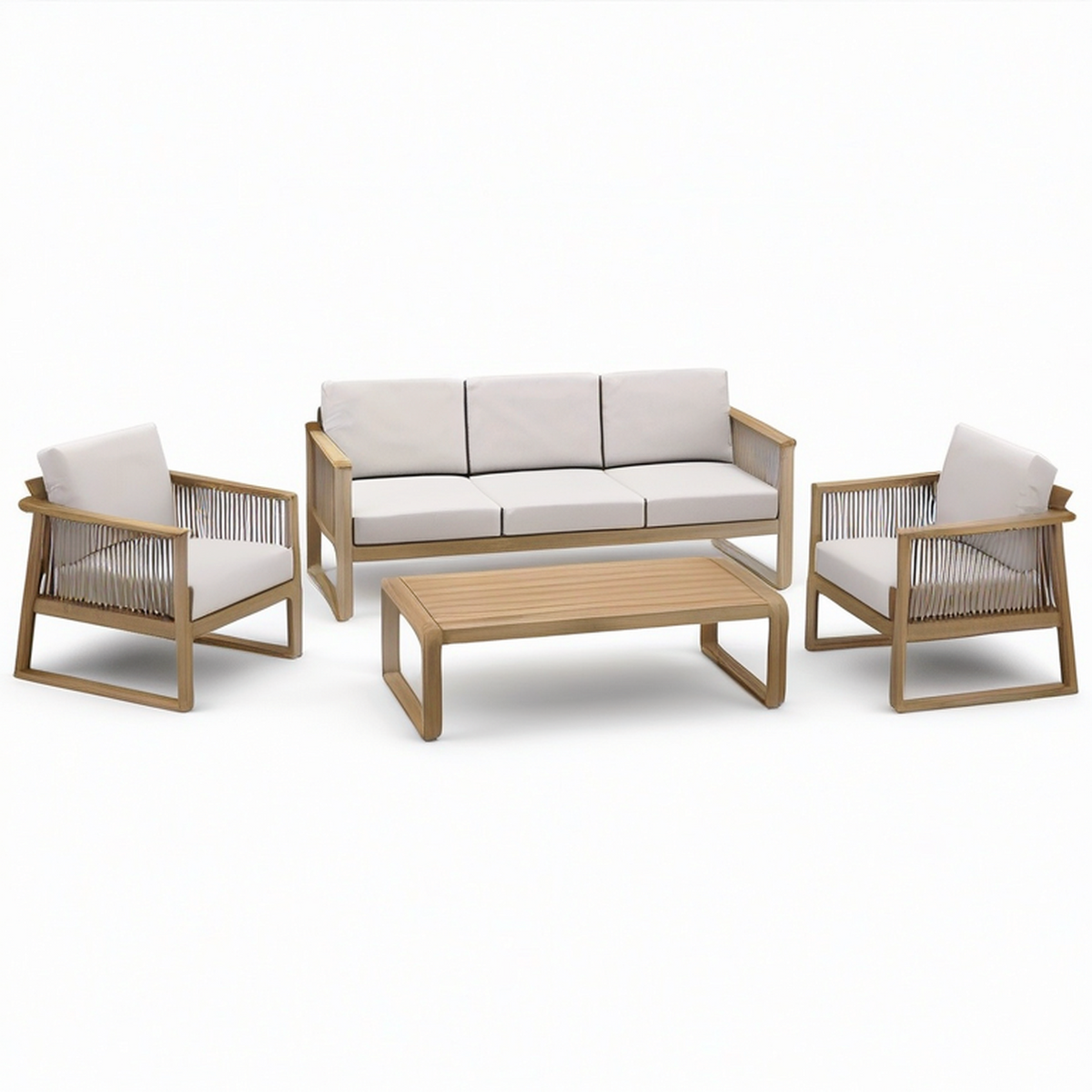 Ensemble de jardin 4 pièces et 5 places avec canapé 190 × 78 × 82 cm, 2 fauteuils 72 × 78 × 82 cm et table 110 × 60 × 38 cm, beige, marron et gris