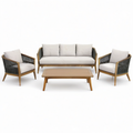 Salon de jardin 4 pièces en bois et corde tressée avec canapé 190 × 80 × 78 cm, fauteuils 75 × 80 × 78 cm et table 110 × 60 × 35 cm, beige, marron et gris anthracite