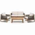 Salon de jardin 4 pièces en bois naturel et corde grise avec coussins beiges – canapé 135 × 76 × 78 cm, fauteuils 73 × 76 × 78 cm et table 100 × 55 × 38 cm