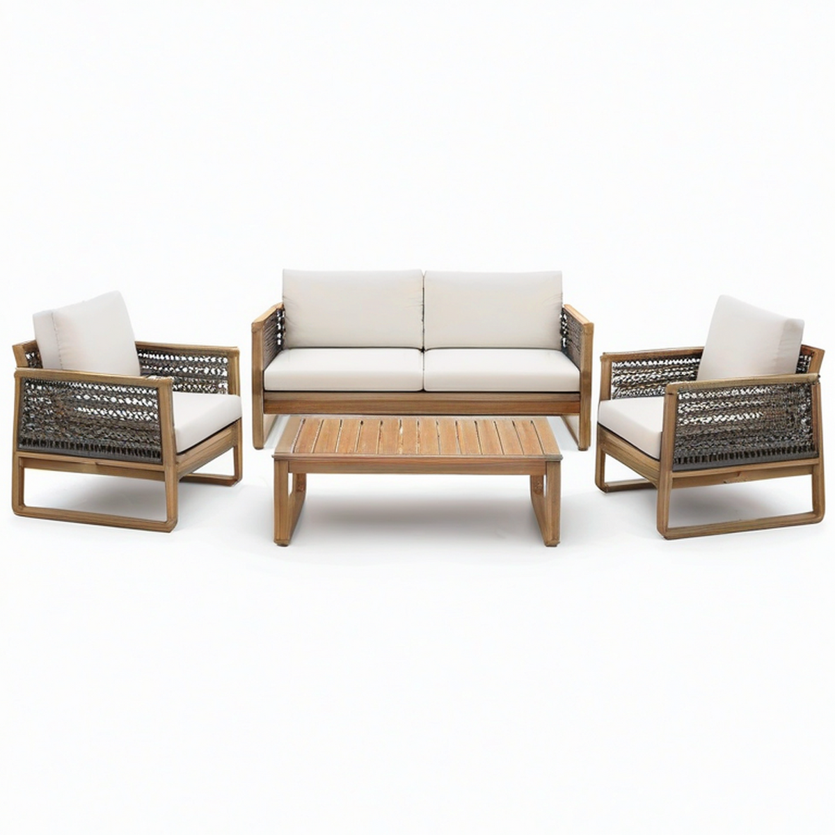 Salon de jardin 4 pièces en bois naturel et corde grise avec coussins beiges – canapé 135 × 76 × 78 cm, fauteuils 73 × 76 × 78 cm et table 100 × 55 × 38 cm