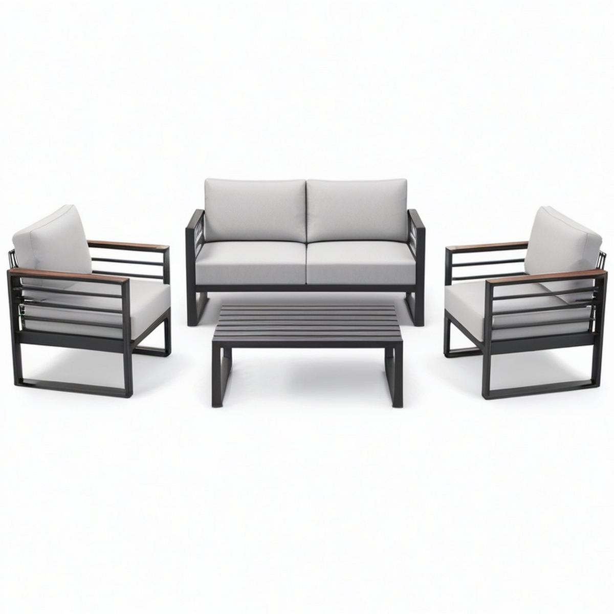 Ensemble de jardin 4 places gris, noir et marron avec canapé 120 × 70 × 75 cm, 2 fauteuils et table basse