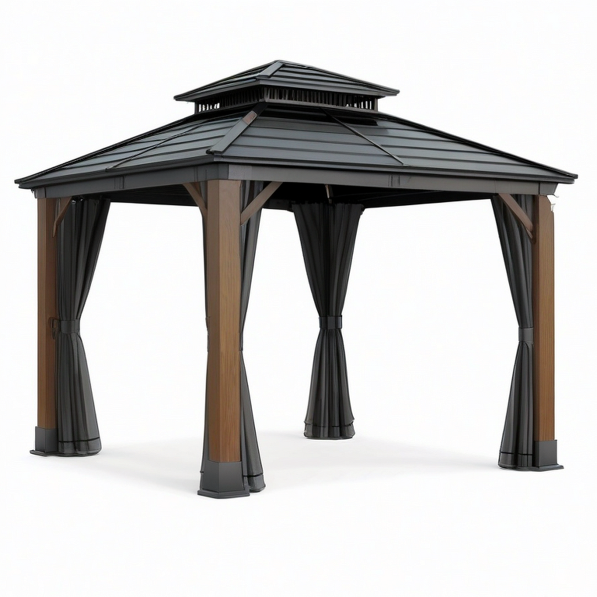 Tonnelle de jardin 300 × 300 × 280 cm en métal marron avec toit rigide et rideaux anthracite