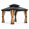 Pavillon de jardin 300 × 300 × 290 cm en aluminium effet bois et acier noir, avec rideaux beiges et toit rigide à double ventilation