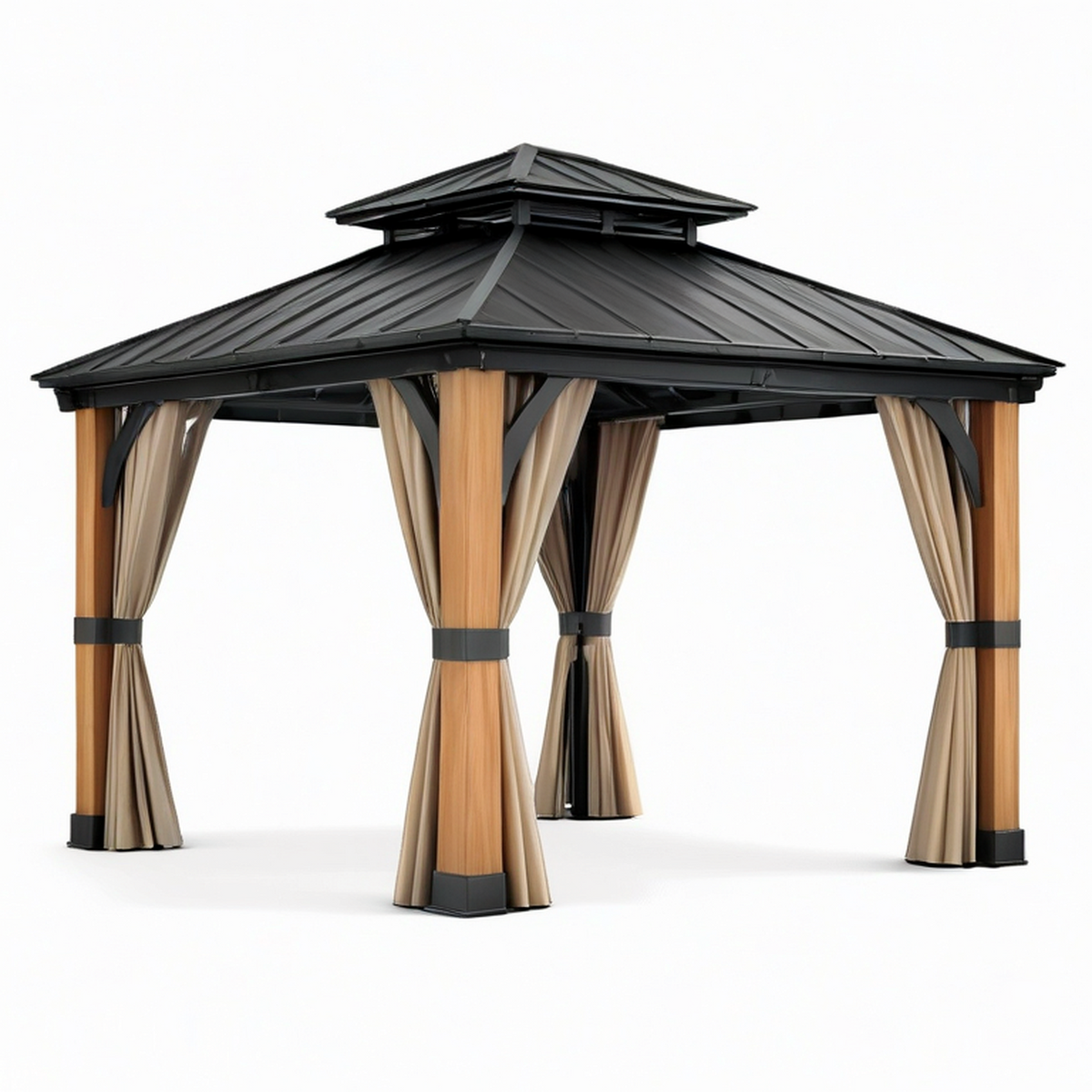 Pavillon de jardin 300 × 300 × 290 cm en aluminium effet bois et acier noir, avec rideaux beiges et toit rigide à double ventilation