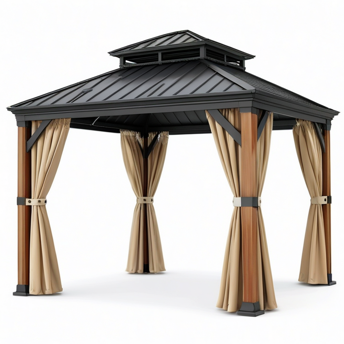 Pavillon de jardin 300 × 300 × 280 cm en bois naturel et métal noir avec toit rigide ventilé et rideaux beiges