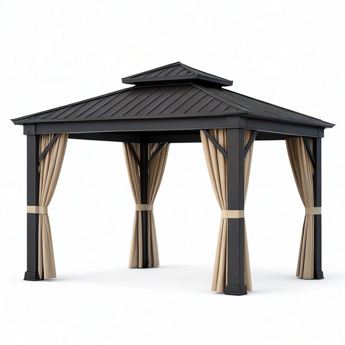 Pavillon de jardin 400 × 300 × 290 cm anthracite et beige avec rideaux et toit rigide ventilé