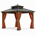 Tonnelle de jardin en bois brun 300 × 300 × 290 cm avec toit en acier anthracite et rideaux terracotta