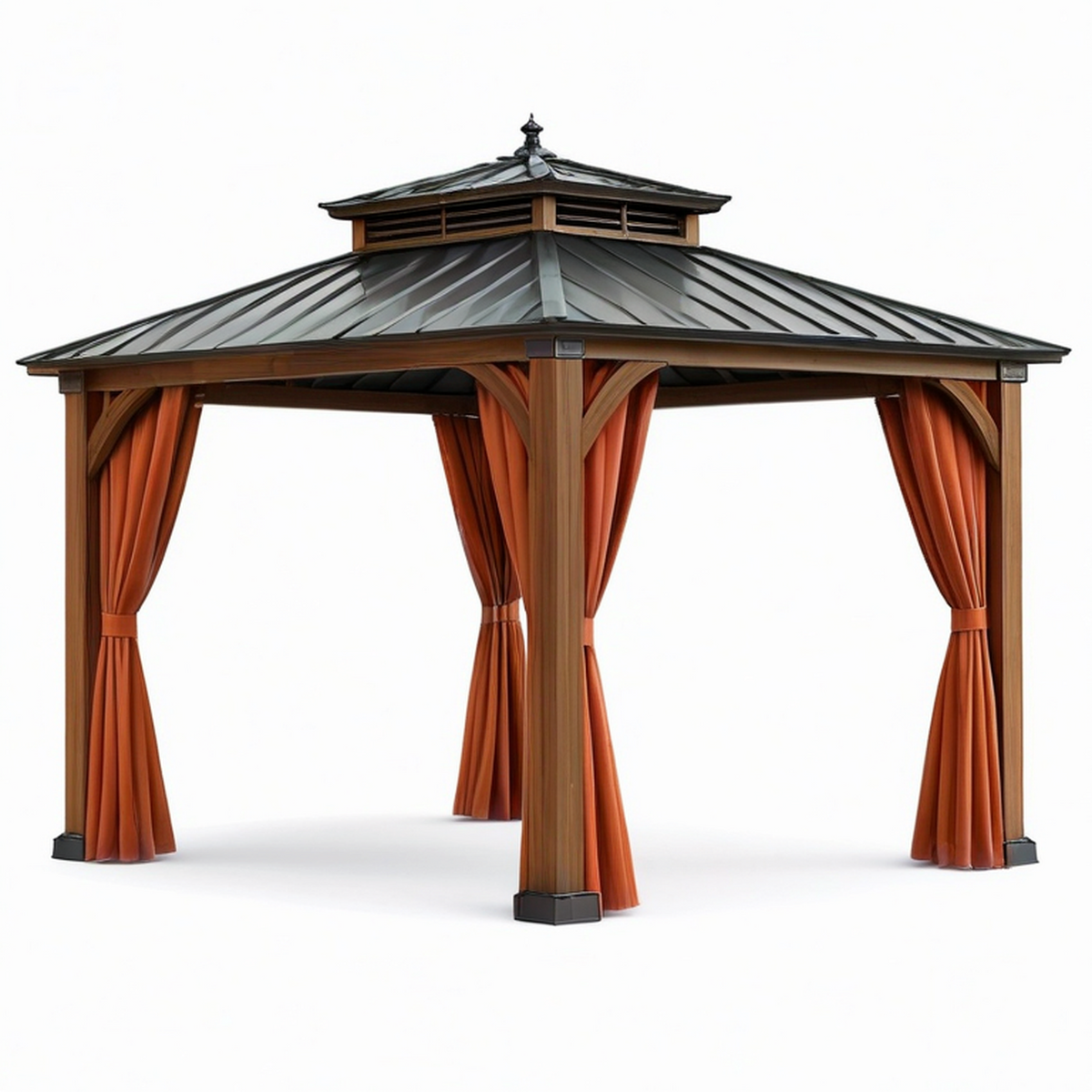 Tonnelle de jardin en bois brun 300 × 300 × 290 cm avec toit en acier anthracite et rideaux terracotta
