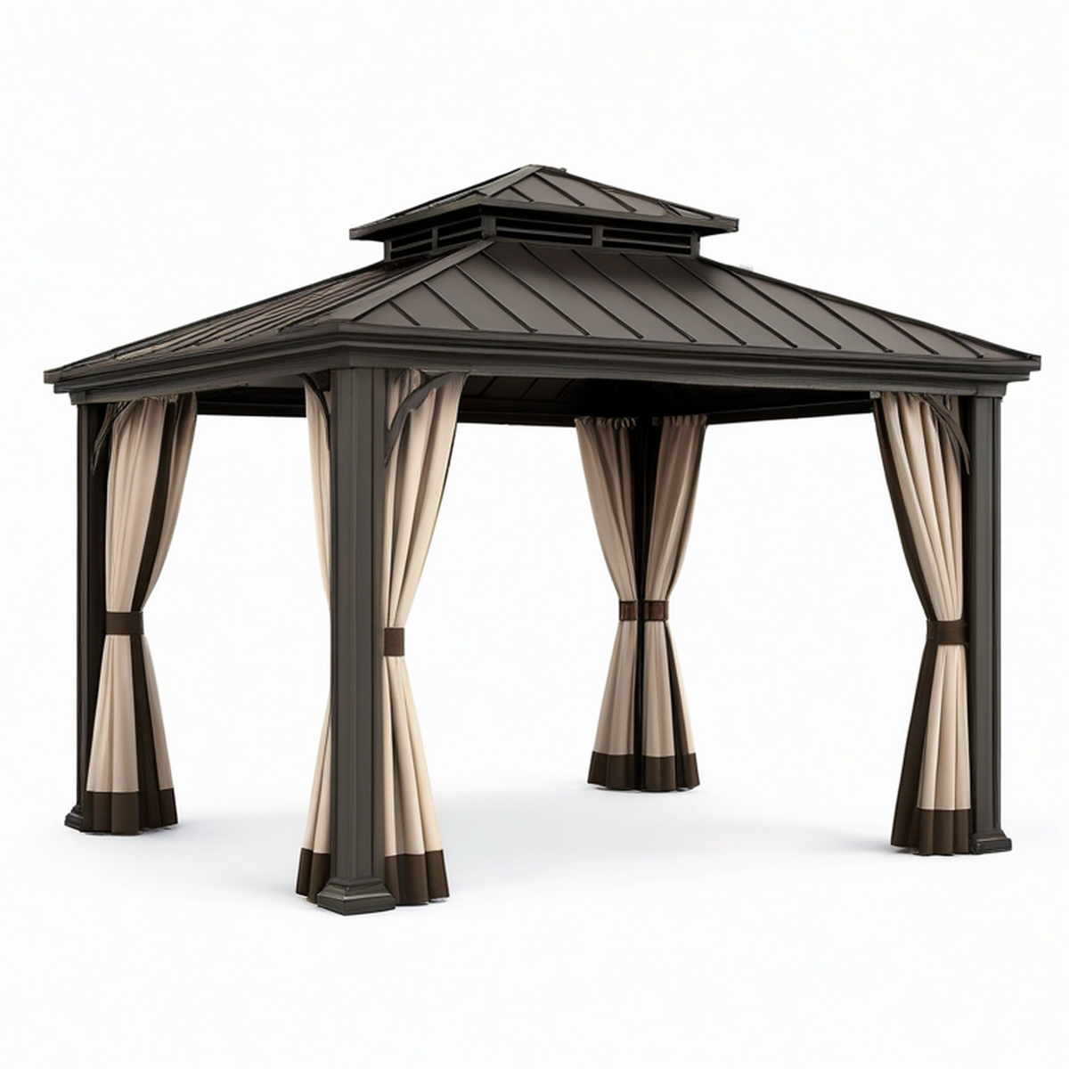 Tonnelle de jardin en métal brun avec rideaux beiges et toit rigide ventilé, 400 × 300 × 285 cm